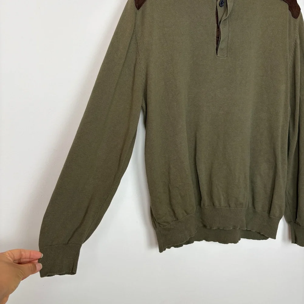 John Bartlett Men Henley Sweater Large Olive Green Elbow Patches Academia Preppy